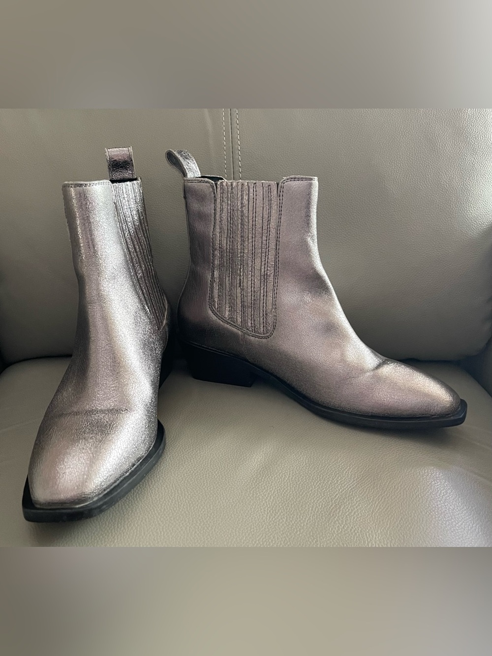 Seychelles "Hold Me Down" Metallic Silver Leather Chelsea Ankle Boots, Size 6